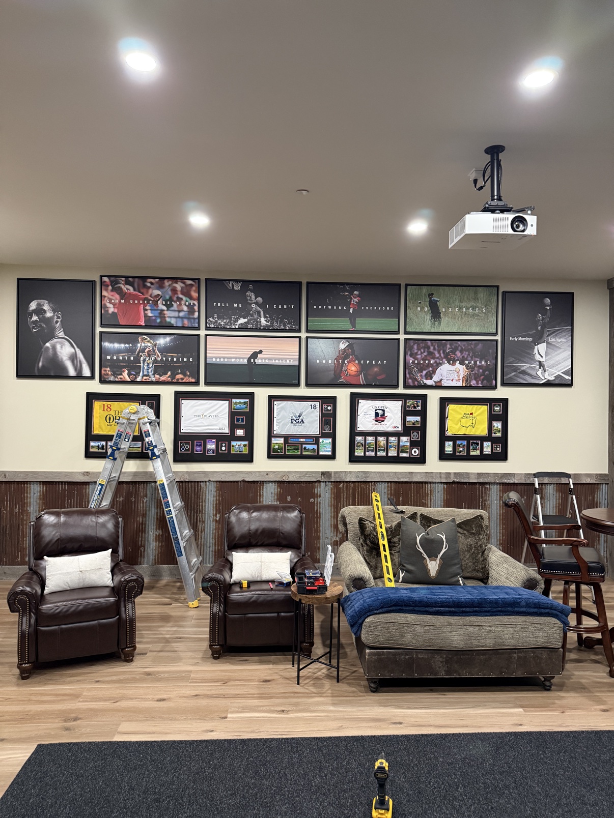 Sports memorabilia wall &mdash; theater room